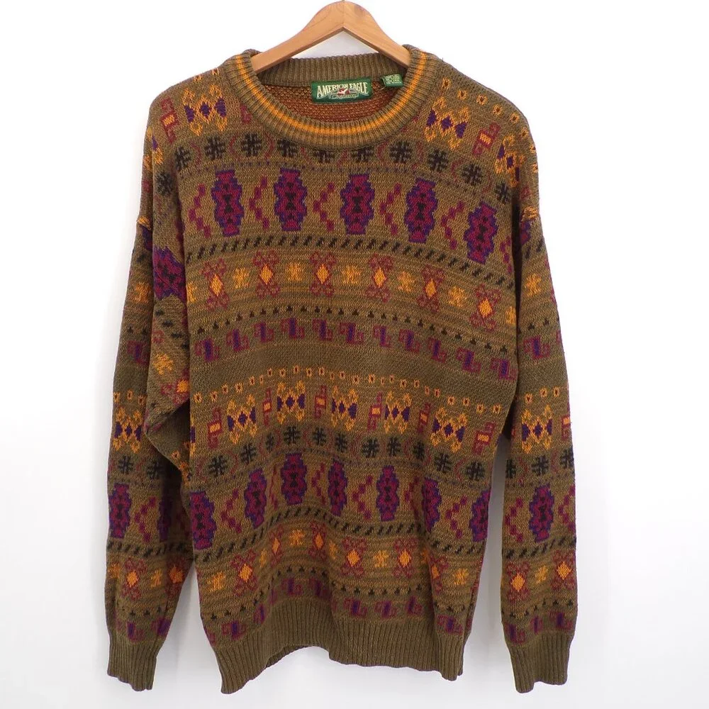 American Eagle Outfitters Men's Knit Sweater XL Brown Crew Neck Long Sleeve